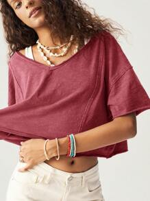 Bohemela 女士休闲纯色针织 V 领短袖宽松 T 恤 - 紅色 - 查看 5