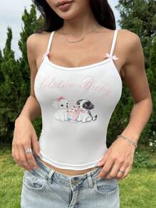 SHEIN EZwear Camiseta interior femenina de ajuste ceñido con estampado de letra y animal de dibujos animados