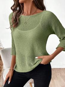 SHEIN LUNE Women Solid Color Round Neck 3/4 Sleeve Casual Loose Sweater Knit Pullover Fall Winter - Army Green - View 5