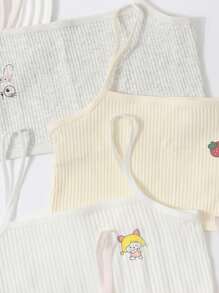 4pcs Girls Strawberry, Rabbit, Cat, Food & Animal Print Cami Top Comfortable Stretchy Vest Underwear Set, Pink/Yellow/White/Grey