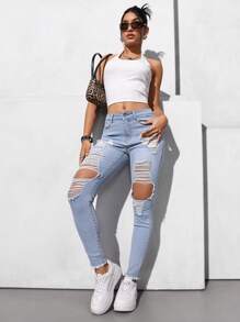 SHEIN EZwear 休闲洗水做旧修身牛仔裤 - 淺色水洗藍 - 查看 3