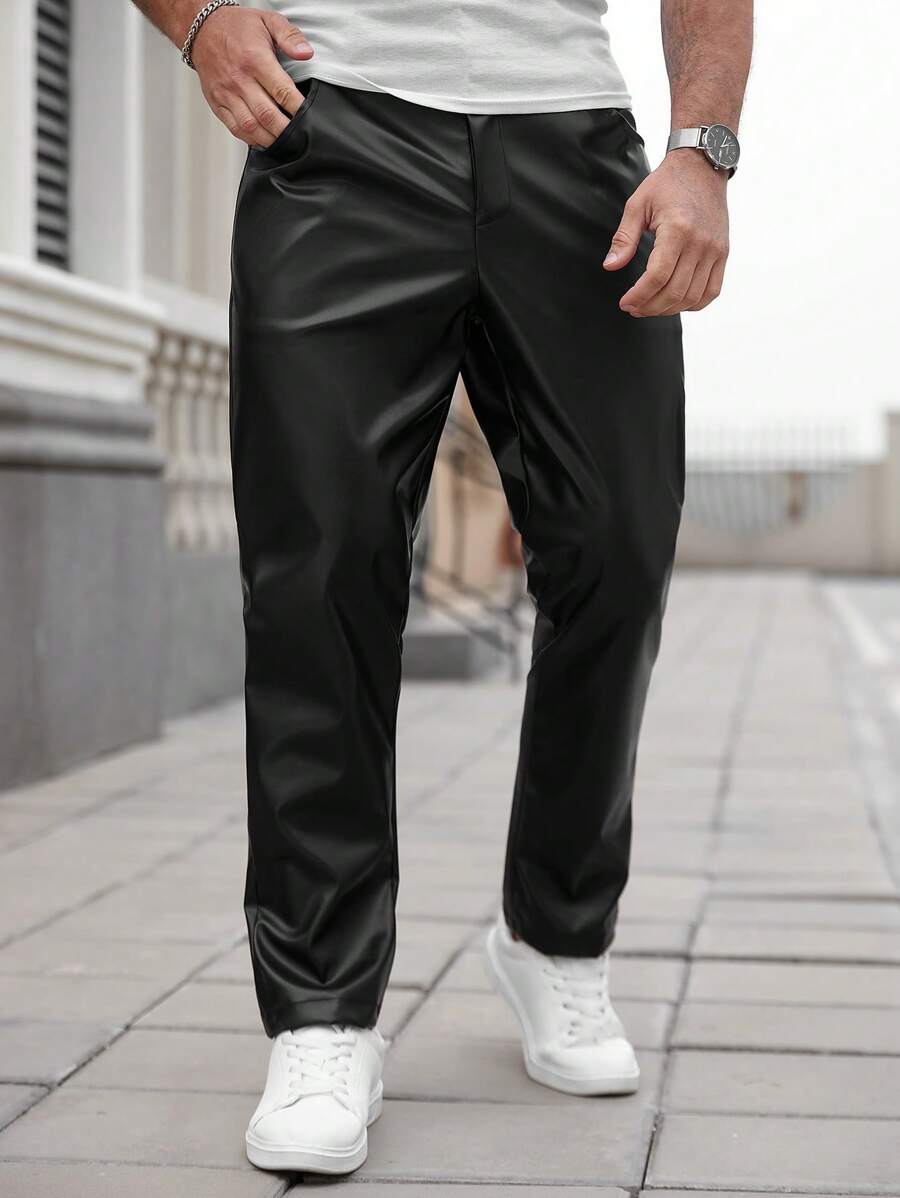 Manfinity Homme 大码男式纯色 PU 皮革口袋直筒裤 - 黑色 - 查看 1