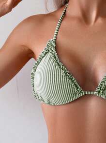 Swim Mod Women's Vacation Striped Nautical Patchwork Ruffled Tied Bikini Set For Summer - Army Green - View 5