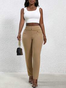 SHEIN LUNE Pantalones pitillo casuales y versátiles de talle alto para mujer con remaches - Caqui - Ver 3