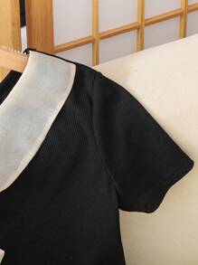 SHEIN Maglietta aderente a maniche corte con decorazione a fiocco sulla spalla, stile elegante signorile per ragazze adolescenti