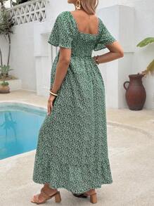 SHEIN Maternity Resort Plant Print Ruffle Hem Bodycon Maxi Dress - Green - View 2