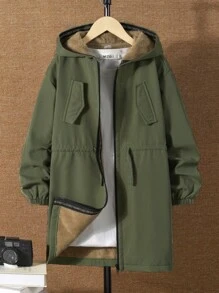 Tween Boys Plush Mid-Length Jacket, Suitable For Commuting, School, Casual, College, Sports, Autumn/Winter Season, Can Be Paired With Halloween Kids Costume, Christmas Sweatshirt, Christmas Gifts, Halloween Shirt, Halloween Gifts, Boys Coat, Red Cardigan, Brown Cardigan, Overalls, Shorts - Army Green - View 5