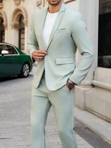 Manfinity Bizformal 男士纯色缺口领长袖夹克和裤子休闲西装套装，秋季 - 綠色 - 查看 1