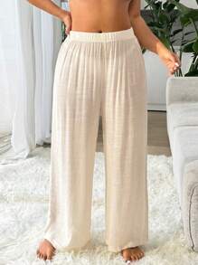 Swim Vcay 女式大码休闲纯色上衣和裤子套装 - 杏色 - 查看 1