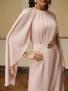 ZEYLAH Women's Solid Color Round Neck Long Sleeve Elegant Maxi Dress, Satin Evening Dress - Pink - View 2