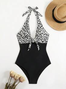 SHEIN Beach Summer Outfits For Women: 1pc Bowknot Front Leopard Print & Solid Color Pleated Elegant One Piece Swimsuit - Multicolor - View 3