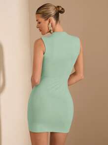 SHEIN BAE 女式简约高领无袖迷你开衩紧身连衣裙，秋冬季百搭打底衫 - 薄荷綠 - 查看 2