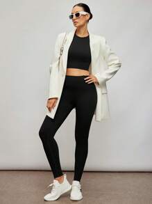 Activina 高弹无缝短款上衣和紧身裤运动套装健身女士套装 - 黑色 - 查看 5