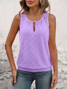 INAWLY Plus Size Mulheres Bordado Decote Em Forma De Fechadura Casual Regata