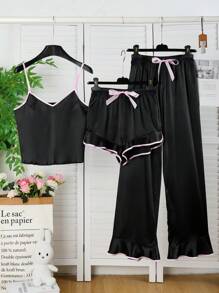 Set de 3 piezas de pijama de mujer elegante con contraste de colores de satín