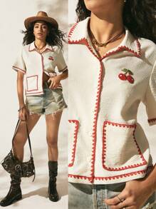 Easelle Apricot Woven Women's Cherry Pattern Single-Breasted Short Sleeve Blouse - Apricot - View 1