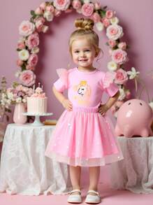 SHEIN Conjunto de 2 piezas para niña: Camiseta con estampado de unicornio lindo y falda de malla con lunares en capas, conjunto dulce para uso diario