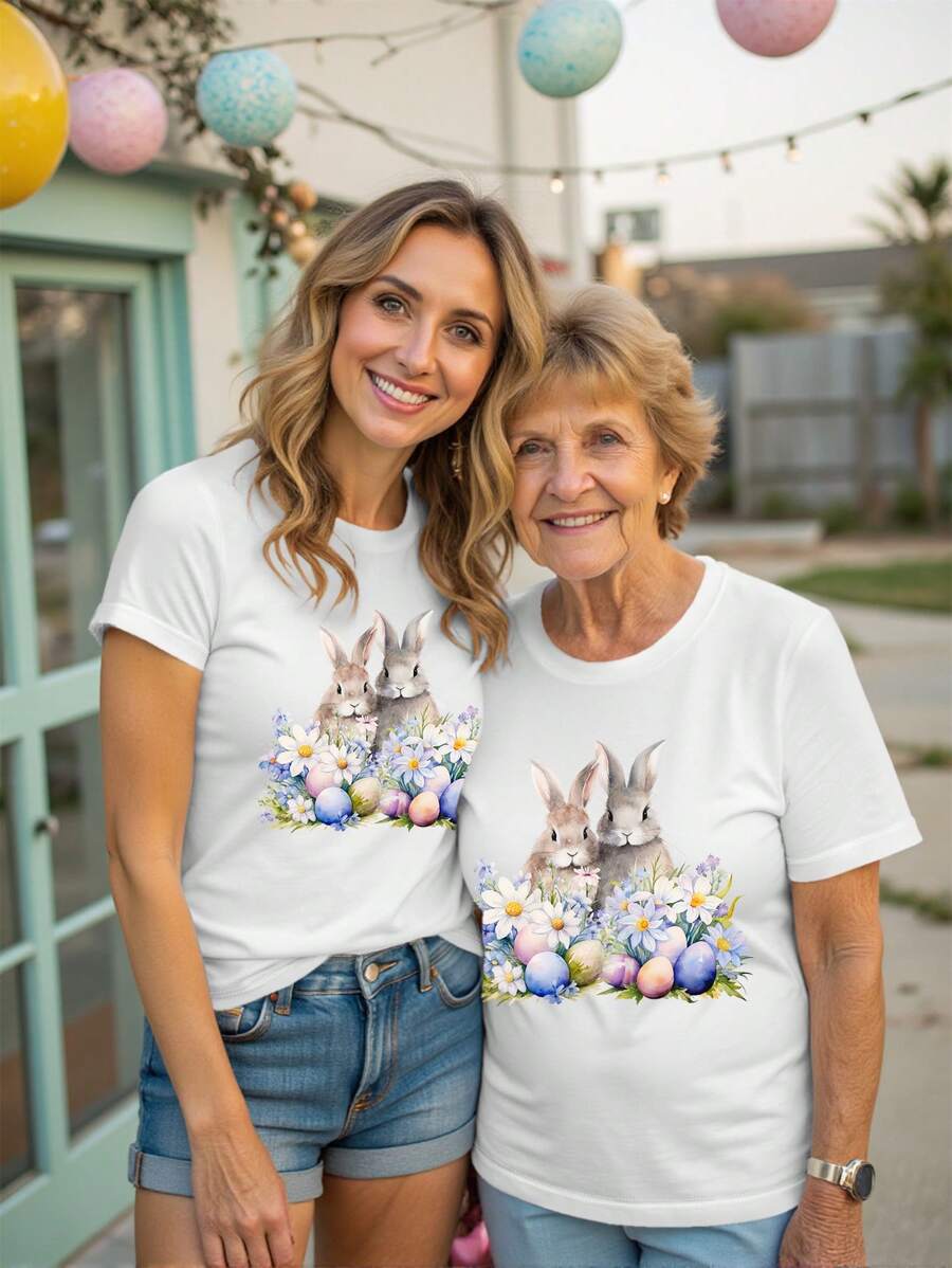 Patishop Art 1pc Women's Cute Rabbit Easter Printed T-Shirt, Suitable For All Seasons, Graphic Tees, Rave Western Wear - Multicolor - View 1