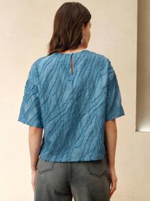 Anewsta 女士时尚镂空圆领短袖衬衫，夏季女士 - 藍色 - 查看 7