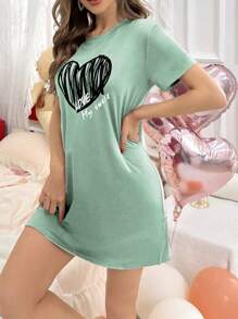 女士圆领短袖黑色爱白色字母印花睡袍
