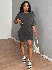 SHEIN SXY Vintage Distressed Snowflake Print Casual Two Pieces Set, Loose T-Shirt & Slim Fit Cycling Pants Fall Clothes Women - Grey - View 2