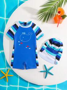 SHEIN Newborn Baby Striped Raglan Sleeve Rash Guard Swimsuit With Shorts & Hat Set
