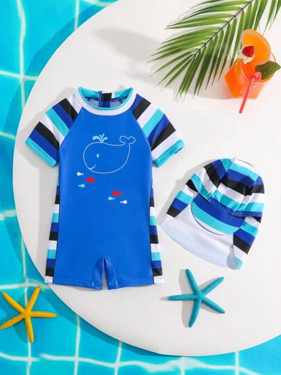 SHEIN Newborn Baby Randig Raglan Sleeve Rash Guard Baddräkt med Shorts & Hat Set