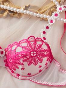 Esselle 2pcs/Set Women's Embroidered Lace Sexy Underwear Lingerie Set - Hot Pink - View 4
