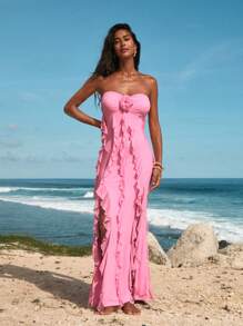 Opulessa Vestido ceñido con abertura, con volante de malla de punto de color simple para mujer