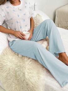 Casual & Comfortable Floral Print Women Pajama Set - Blue - View 5