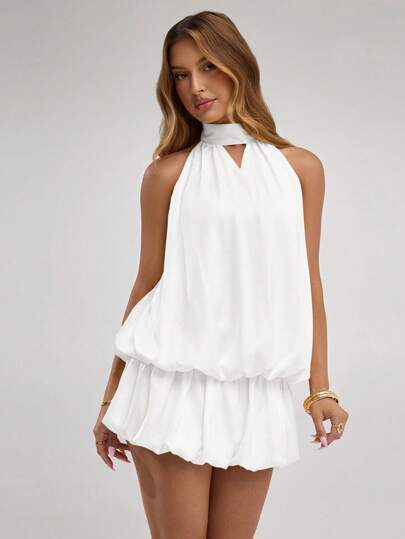 SHEIN BAE Women's Spring And Summer Yellow Solid Color Bestie Party/Cocktail Dress/Back To School Season/Birthday Party/Club Party/Satin Gathered Sexy Big Backless Balloon Bud Skirt Culottes Style Halter Neck Fashion Mini Dress/Yellow Mini Skirt/Concert Wear/Vacation Outfits Woman,Summer Dresses For Women,Yellow Dress,Spring Break Outfits,Rave Outfits Festival,Valentine's Day,Valentine Outfits For Women