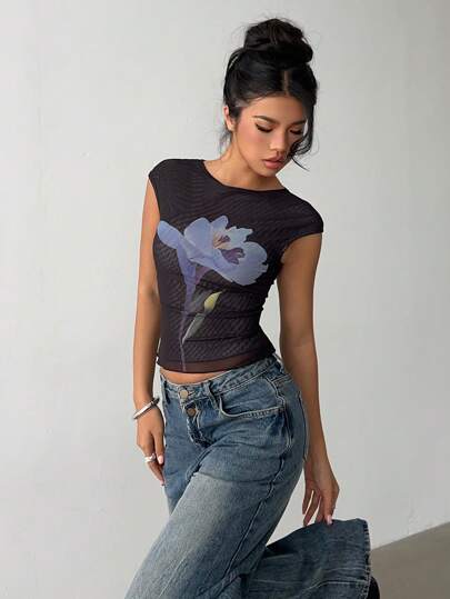 Siren Gaze Summer Casual Floral Print Mesh T-Shirt, Easter,Rave Festival,Concert Women,Music Festival Holiday Flower Black Vacation Resort