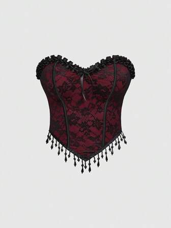 Goth Top tubo con borde de encaje con cuentas, estilo gótico barroco, para Halloween