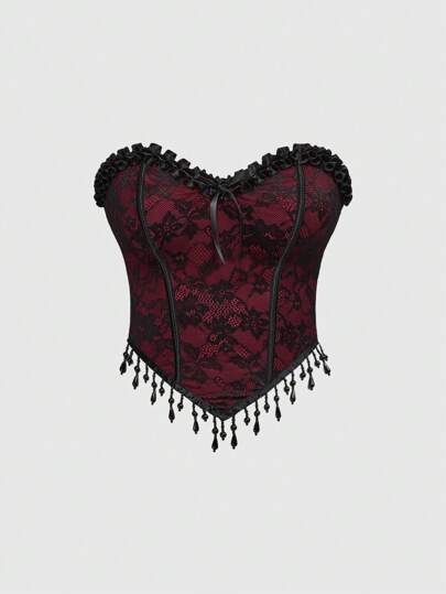 Goth توب أنبوبي مزين بالخرز والدانتيل على الحافة بطراز باروك جوتيك، لمناسبة هالوين