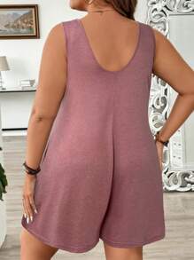 SHEIN LUNE 大码女式纯色圆领休闲连体裤，带口袋 - 藕粉色 - 查看 2