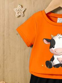 SHEIN 2pcs/Set Baby Boys Cute Cow Print Casual Comfy Versatile Crew Neck Short Sleeve Top And Shorts Set, Summer Outdoor - Multicolor - View 3