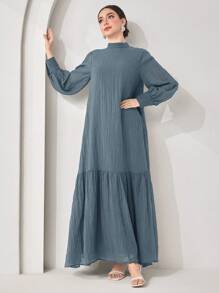 Veilorie Women's Elegant Solid Color Stand Collar Long Sleeve Ruffle Hem Dress - Blue - View 5