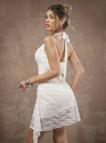 Hauture Vestido sexy de mujer con cuello de halter de encaje, vestido tipo princesa swing para festivales musicales, vestido de invitada de boda, vestido de fiesta francés de graduación, para primavera/verano, con cinturón anudado y borde asimétrico