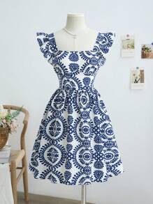 SHEIN Teen Girls Blue & White Plain Woven Square Neck Sleeveless Ruffle Hem Butterfly Back Hollow Out Mini Dress, Suitable For Vacation, Festivals, Lunch, Music Festivals