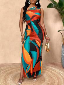 SOLERSUN Vestido maxi asimétrico con abertura alta, cuello fruncido y estampado floral aleatorio para mujer