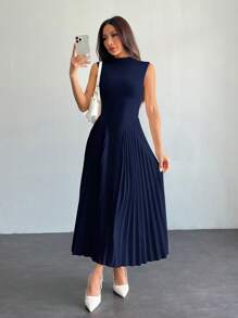 SHEIN PETITE Women Elegant Pleated Tight-Fitting A-Line Dress,Business Casual Woman,Bohemia - Navy Blue - View 4