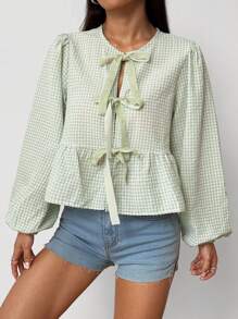 SHEIN EZwear Women's Retro Modern Plaid Front Tie Velvet Lantern Sleeve Loose Blouse