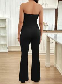 SHEIN 2pcs Maternity Set - Ruched Bandeau Top With Asymmetrical Hem And Flared Pants - Black - View 2