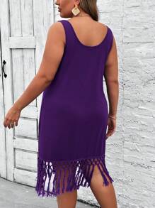 SHEIN VCAY Vestido azul de punto con parches y flecos sin mangas para vacaciones en la playa talla grande