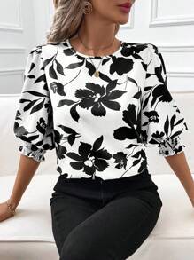 SHEIN Clasi 女士花卉印花圆领泡泡袖休闲衬衫 - 白色 - 查看 6