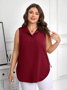 SHEIN Clasi Camisa sin mangas de unicolor casual para tallas grandes - Rosa Roja - Ver 6