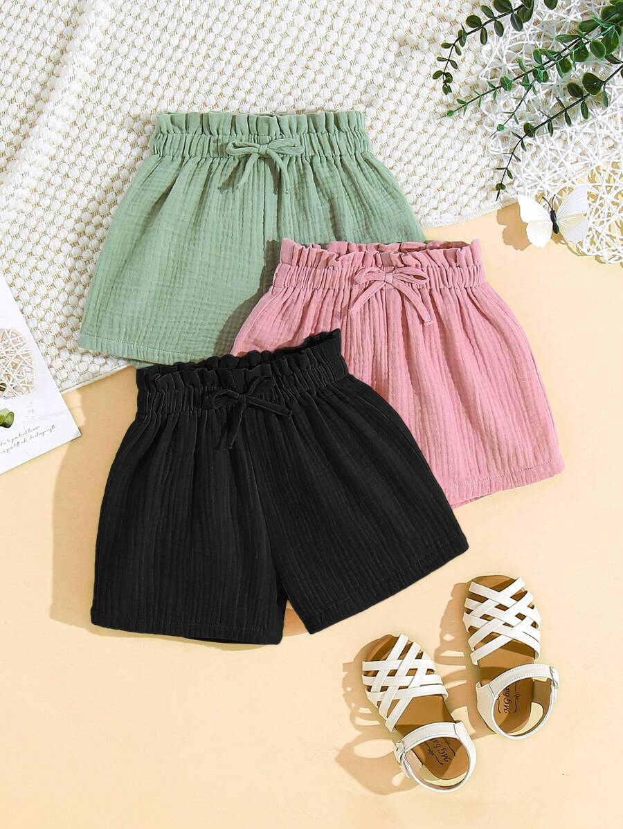 3pcs Set: Baby Girl Casual Summer Versatile Plain Color Elastic Waist Shorts, Girl - Multicolor - View 1