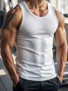 Manfinity Homme Plus Size Men's Solid Color Round Neck Ribbed Casual Tank Top, Holiday - White - View 1