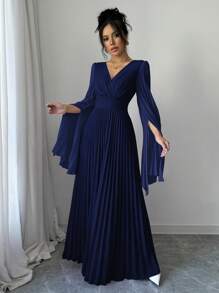 Elenzga Đầm Maxi Nữ Thanh Lịch Lãng Mạn Cổ Chữ V Tay Hở Xếp Ly Trang Phục Nữ - Màu xanh hải quân - Xem 6