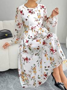 Modelyn 大码女式花卉印花雪纺优雅连衣裙 - 白色 - 查看 7